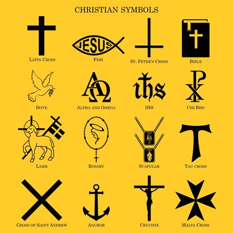 christian symbols -  christian symbols latin cross fish saint peter Bible dove alpha omega IHS Chi Rho lamb rosary scapular tau andrew anchor crucifix malta jesus God inverted biblical religion chain gold eternity history illustration vector graphic belief ancient mary carmo faith miracles catholic prayer medal gift salvation Biblical Symbols, Catholic Symbols, Biblical Tattoos, Catholic Beliefs, Chi Rho, Faith Tattoo, Symbols And Meanings, Symbol Tattoos, Christian Symbols