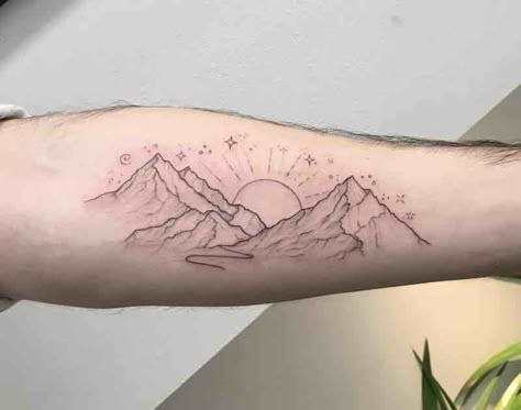 Moutain Tattoos, Small Mountain Tattoo, Berg Tattoo, Sunrise Tattoo, Mountain Tattoos, Mountain Range Tattoo, River Tattoo, Mountain Tattoo Simple, Adventure Tattoo