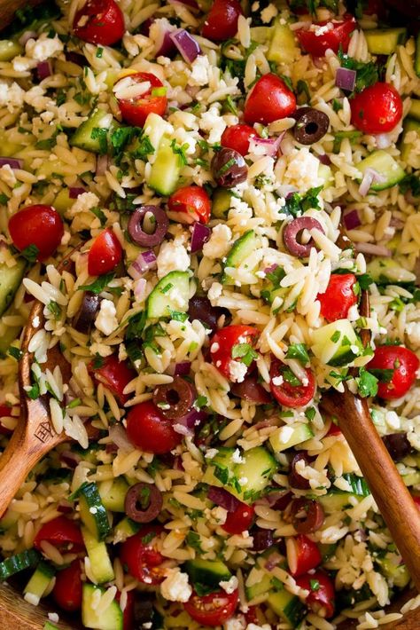 orzo-salad-4 Orzo Salads, Mediterranean Orzo Salad, Feta And Olives, Delicious Pasta Salad, Mediterranean Orzo, Greek Orzo, Greek Orzo Salad, Orzo Salad Recipes, How To Cook Orzo