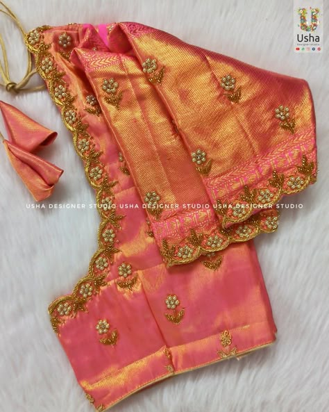 Tissue Pattu Blouse Work Designs, Only Hands Maggam Work, Muthyam Work Blouse Designs, Orange Colour Aari Work Blouse, Magam Simple Designs, Maggam Works For Blouses, Trending Maggam Work Designs, Simple Maggam Designs For Blouses, Magam Blouse Designs Latest