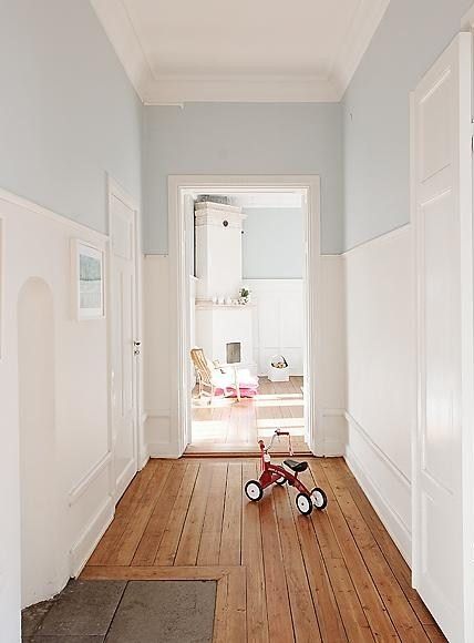 I feel like I'm slowly painting my entire house some variation of blueish-gray, but I just love how clean yet warm it is! Lambriseringen Gang, Hallway Colours, Dado Rail, Kitchen Walls, Grey Paint, Small Laundry, Room Storage, Paint Colors For Home, Lounge Room