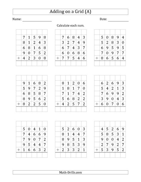 The Adding Five 5-Digit Numbers on a Grid (A) math worksheet from the Addition Worksheet page at Math-Drills.com. Math Division Worksheets, Math Fact Worksheets, Addition Worksheet, Math Practice Worksheets, Math Addition Worksheets, Math Pages, Math Drills, 3rd Grade Math Worksheets, Mathematics Worksheets