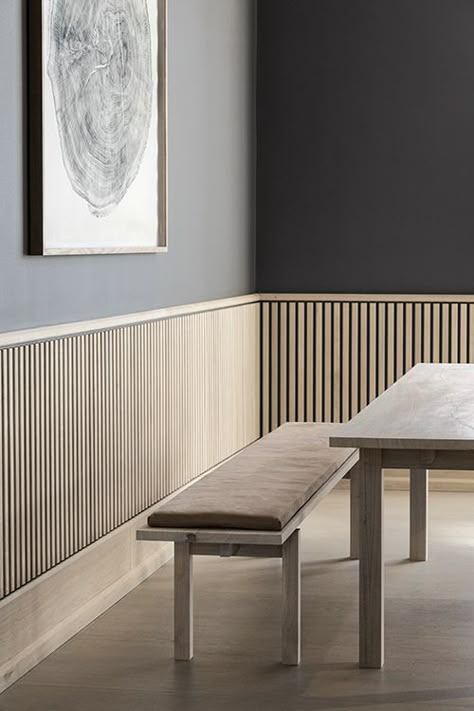 Stories by Photographer Stine Christiansen, specialized in food and interior Wainscoting Kitchen, Wood Architecture, Wood Cladding, Rustic Doors, Interior Modern, Slat Wall, Wall Ideas, Wainscoting, Wall Treatments