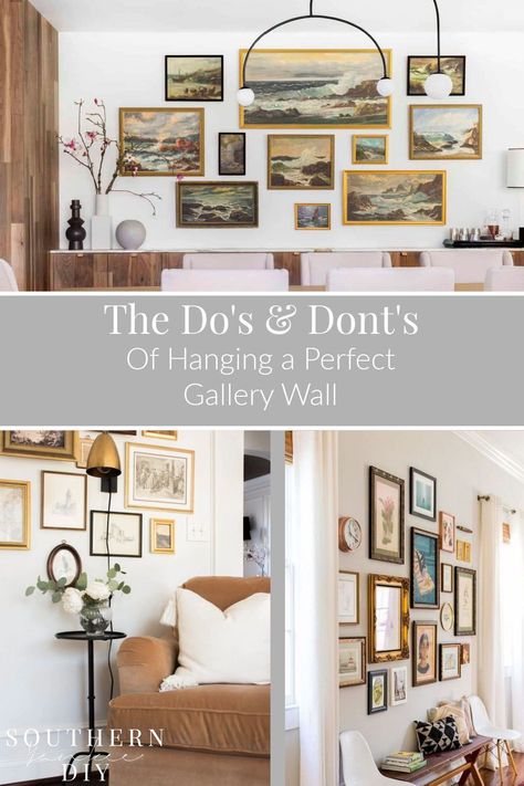 Gallery Wall With Paintings, Home Gallery Wall Ideas, Picture Rail Gallery Wall, Eclectic Gallery Wall Ideas Living Room, Gallery Wall Rules, Collage Wall Bedroom, Gallery Wall Template, Picture Walls, Wall Layout