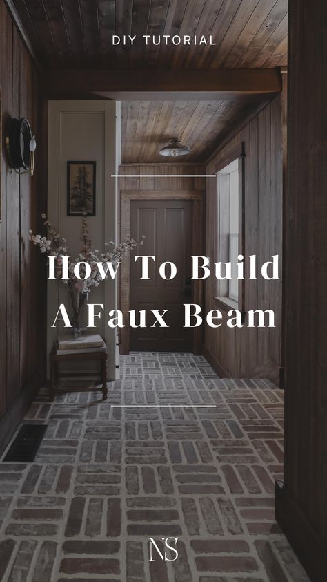 How to build a hollow beam. How to build a faux beam that's light weight. Why you shouldn't install solid beams in your home. How to add beams in your home. DIY ceiling box beam tutorial. How to cover an ugly beam. How to build a beam out of plywood but make it look solid. Faux beam hack using painter's tape. | Nadine Stay #fauxbeam #boxbeam #boxbeamtutorial #diybeams Fake Beam, Nadine Stay, Ranch Interior, Beam Structure, Oak Plywood, Faux Wood Beams, Faux Beams, Laundry Room Renovation, Diy Ceiling