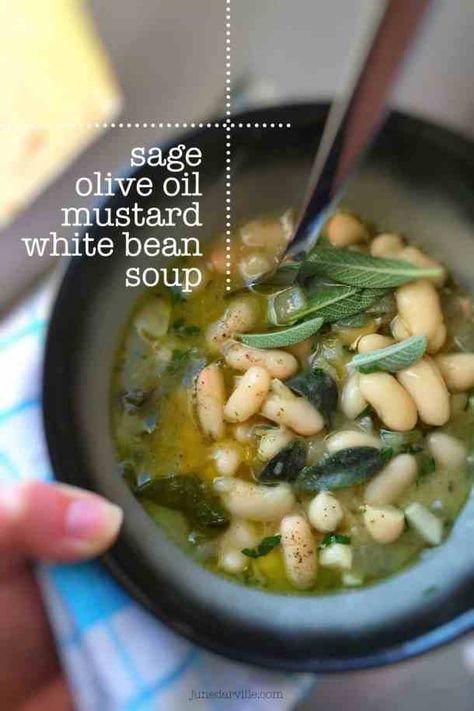 Recipe With Mustard, Sage Soup, Bisque Soup Recipes, Lobster Bisque Soup, White Bean Soup Recipes, Dairy Free Soup, Bean Soup Recipe, Vegan Stew, Fresh Sage