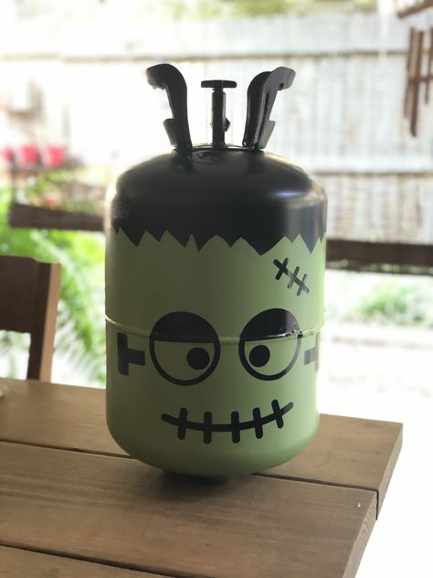 Propane Tank Crafts, Hollowed Decorations, Tin Can Frankenstein, Grinch Propane Tank, Upcycle Propane Tank, Halloween Tin Can Bowling, Frankenstein Propane Tank, Propane Tank Art, Animated Pumpkins