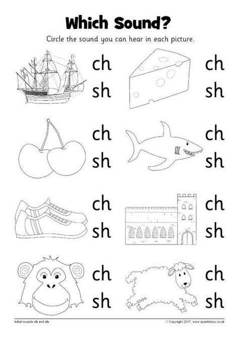 Which Sound? Worksheets – ch and sh (SB12216) - SparkleBox Oo Phonics, Ch Words, Ch Sound, Blends Worksheets, Kindergarten Phonics Worksheets, Phonics Free, English Phonics, Jolly Phonics, Phonics Kindergarten