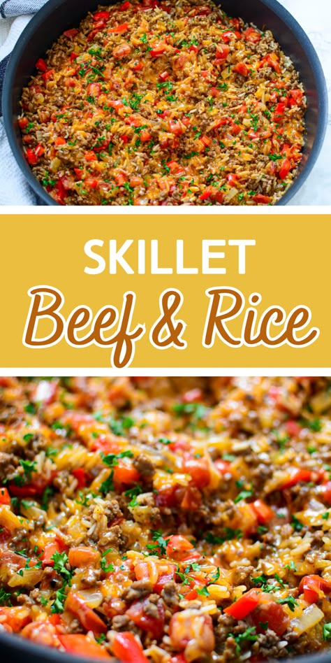 Enjoy a hearty meal with this One-Pan Skillet Beef and Rice recipe! Packed with flavor, easy to make, and perfect for busy weeknights. This delicious dish is a family favorite. Try it tonight! Rice And Meat Dishes, Easy Beef Casseroles, Mexican Ground Beef And Rice Recipes, Ground Beef Recipes For Dinner With Rice, One Pot Beef And Rice, Steak And Rice Recipes Dinners, Hamburger And Rice Recipes Skillet, One Pan Rice Meals, Rice Based Meals