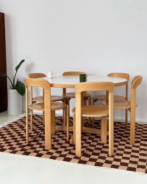 Home Union on Instagram: “Vintage beechwood round Bruno Rey dining tables with white laminate top, $1500. • Bruno Rey beechwood Ray chairs, SOLD. • Wool checkerboard…” Living Dining Room Ideas, Round Wood Table, Checkerboard Rug, White Round Tables, House Dining Room, White Laminate, Apartment Decor Inspiration, Wooden Sofa, Living Room Inspo