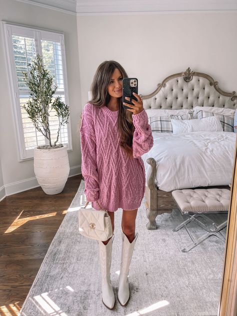 Pink Sweater Dress Outfit, Holiday Fits, Southern Curls And Pearls, Pink Sweater Dress, Sweater Dress Outfit, Cable Stitch, Pink Crewneck, Nordstrom Anniversary Sale, Free People Sweaters