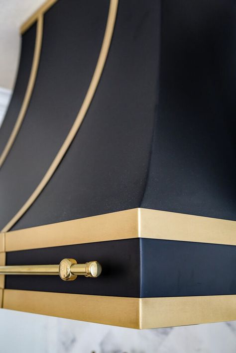 Black And Brass Hood, Tuscan Range Hood, Classic Range Hoods, Custom Oven Hoods, Gold Hood Vents Kitchen, Black And Brass Range Hood, Black And Gold Range Hood, Beautiful Range Hoods, Metal Range Hood Kitchen