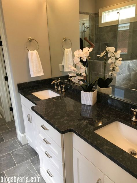 Bathroom Granite Countertops, Bathroom Granite, Granite Bathroom Countertops, Granite Bathroom, Dark Countertops, Dark Bathrooms, Countertop Options, Black Countertops, Park House