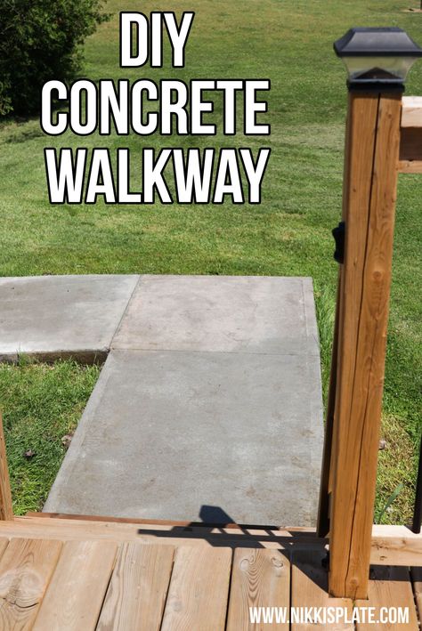 Concrete Pads Walkway, Diy Concrete Walkway Paths, Cement Steps Diy, How To Diy Concrete Patio, How To Make A Cement Patio, Quickcrete Walkway, Cement Sidewalk Ideas, Diy Concrete Sidewalk, Dry Pour Concrete Walkway