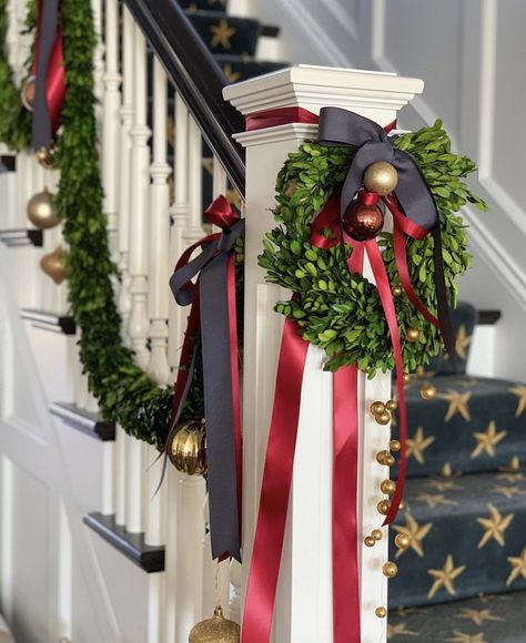 Weekend Notes Decorating With Blue, Christmas Banister, Christmas Stairs, Patriotic Christmas, Stair Decor, White Christmas Decor, 2024 Christmas, Merry Little Christmas, Happy Saturday