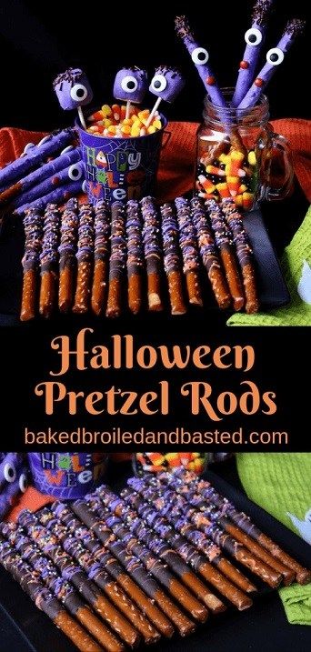 My List of 25 All Time Favorite Halloween Cupcakes and Treats Halloween Pretzel Rods, Halloween Pretzels Rods, Pretzel Rods Dipped, Chocolate Covered Pretzels Halloween, Halloween Dip, Chocolate Pretzel Rods, Halloween Dessert Table, Halloween Pretzels, Dipped Pretzel Rods