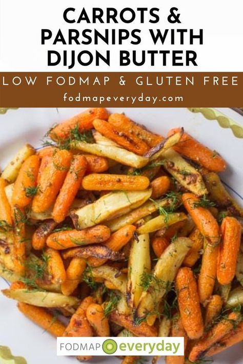 Low FODMAP Carrots & Parsnips with Dijon Butter is an easy, roast vegetable dish featuring Dijon, coriander & fresh dill. Very low FODMAP! #glutenfre #vegetarian #easyrecipe #sidedish #healthyrecipe #lowfodmapdiet#fodmap #lowfodmap #fodmapeveryday #ibs #ibsdiet Fodmap Recipes Vegetarian, Low Fodmap Dinner Recipes Easy, Low Fodmap Fall Recipes, Dijon Butter, Fodmap Soup, Low Fodmap Vegetables, Vegetable Tian, Carrots And Parsnips, Fod Map