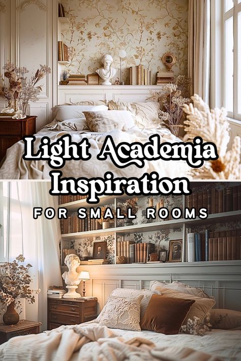 Let’s talk about creating a light academia decor look in a small bedroom! Light academia is an enchanting style that looks like it’s been plucked from the pages of a classic novel, with a timeless, airy yet cozy look that just drips with utter PRETTINESS.   But how do you achieve this style in a small space?  In this post, I’m giving you a bunch of visual inspiration and small bedroom ideas for creating the light academia aesthetic, so that you can bask in a magical, pretty haven of your own. 🥰 Light Small Bedroom, Dark Academia Aesthetic Bedrooms, Bedroom Decor Light Academia, Light Color Bedroom Ideas Small Rooms, Aesthetic Dark Academia Bedroom, Light Witchy Decor, Diy Light Academia Decor, Bedroom Academia Aesthetic, Light Academia House Decor