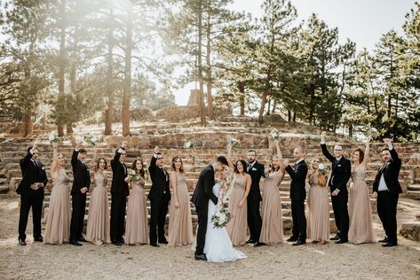 Black and nude Wedding Party #rockymountainwedding #mountainwedding #bridesmaiddresses #wedding #weddingparty Taupe And Black Wedding Theme, Black Taupe Wedding, Neutral And Black Wedding Colors, Black And Beige Bridesmaid Dresses, Black Tux Champagne Dress, Taupe Black Wedding, Black Beige And White Wedding, Black And Beige Wedding Party, Black Tan Wedding