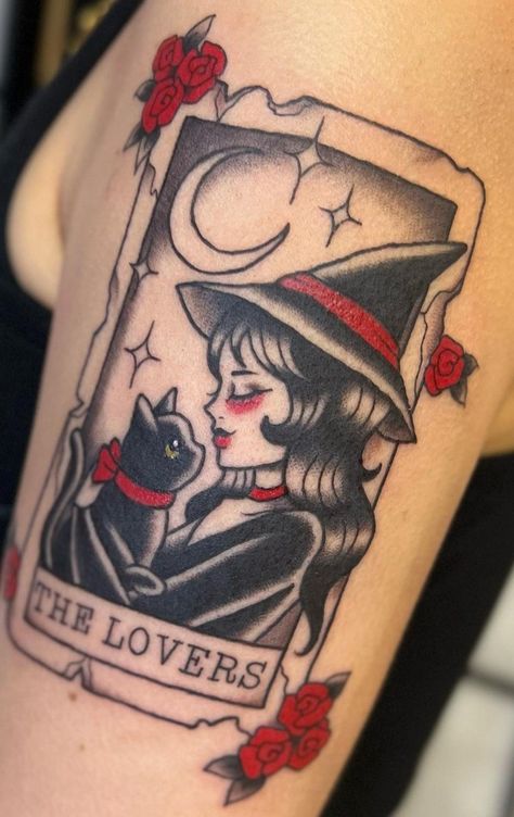 Traditional Tattoo Inspiration, Tarot Tattoo, Funky Tattoos, Witch Tattoo, Creepy Tattoos, Cat Tattoo Designs, Spooky Tattoos, Gothic Tattoo, Traditional Tattoo Art