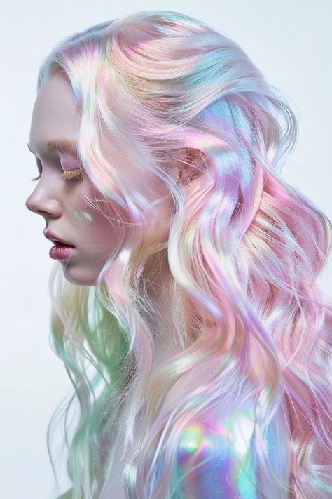 Starry Hairstyles, Iridescent Photography, Opal Hair Color, Opal Aesthetic, Tips For Hair, Self Haircut, Holographic Hair, Opal Hair, Granny Hair