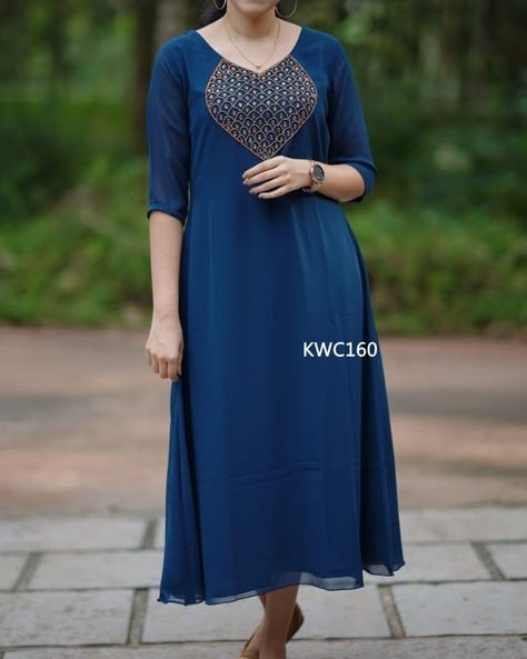 Georgette Aline Kurti, Aline Kurthi Model, Aline Churidhar Designs, Georgette Aline Kurti Design, Stone Work Kurti Design, Aline Kurti Design Pattern, Plain Georgette Kurtis, Georgette Kurtis Designer Plain, Beads Work On Kurti Neck Simple