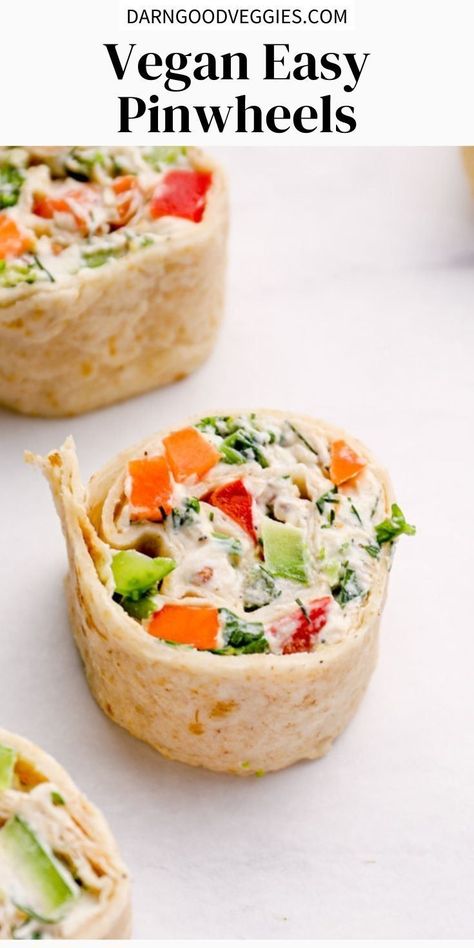 These Easy Vegan Pinwheels are spread with a flavorful cream cheese mixture and are loaded up with fresh crunchy veggies! This recipe is perfect for lunch, an appetizer or snack! Veg Appetizer Recipes, Easy Vegan Party Snacks, Vegan School Snacks, Vegan Roll Ups, Vegan Appetizers Easy Finger Food, Vegan Luncheon Ideas, Vegetable Appetizer Recipes, Vegan Tea Party, Vegan Finger Sandwiches