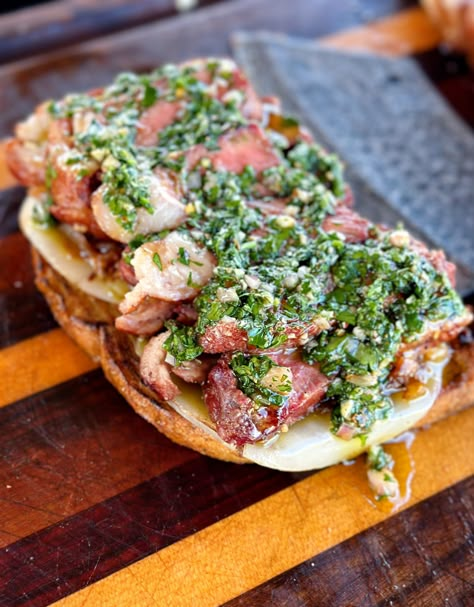 Steak and Chimichurri Sandwich | Learning To Smoke Focaccia Steak Sandwich, Steak Sandwich With Chimichurri, Chimichurri Steak Sandwich, Chimichurri Sandwich, Steak And Chimichurri, Ways To Cook Steak, Chimichurri Steak, Breaded Steak, Steak Sandwich Recipes