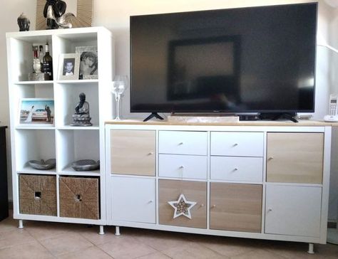 #diy #furnitureideas Tv Kallax Ikea, Kallax Ikea Tv Stand, Ikea Kallax Living Room, Kallax Tv Board, Kallax Upgrade, Kallax Tv Stand, Ikea Hack Living Room, Toy Room Storage, Bench With Cubbies