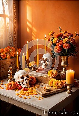 ai-generated-day-dead-altar-table-skulls-candles-surrounded-marigold-flowers Day Of The Dead Alters Ideas Diy, Day Of The Dead Altar, Dia De Los Muertos Decorations Ideas, Marigold Flowers, Altar Table, Skull Candle, Marigold Flower, Decorations Ideas, Holiday Celebration