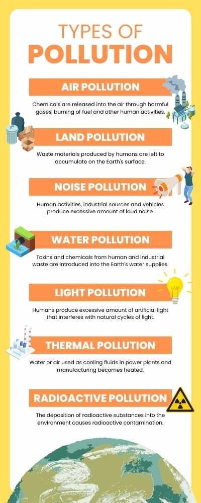 Pollution Types English Infographic Types Of Pollution Poster, Pollution Infographic, Pollution Activities Worksheets, English Infographic, Types Of Pollution, Substitute Teacher Tips, Pollution Activities, Types Of Forests, Social Science Project