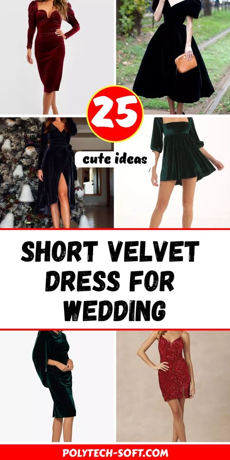 Elevate your wedding wardrobe with a short velvet dress for wedding from our top 25 stunning picks. These dresses are designed to impress, with options ranging from long sleeve outfits to sleek bodycon styles. Available in an array of colors such as dark teal, burgundy, navy blue, and classic black, these dresses are perfect for any wedding event. Whether you`re attending a winter ceremony or an evening reception, you`ll find the ideal outfit here. Embrace the classy gown aesthetic and make a st Shoes To Wear With Velvet Dress, Short Velvet Dress Outfits, Velvet Dress For Wedding, Chic Wedding Outfit, Black Velvet Dress Outfit, Velvet Wedding Guest Dress, Velvet Dress Wedding Guest, Short Velvet Dress, Gown Aesthetic