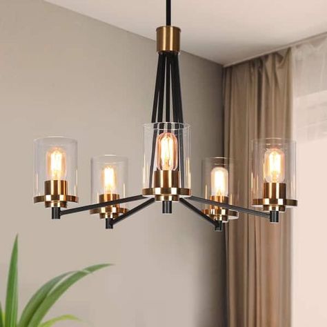 Modern Glam 5-Light Black Gold Chandelier Dining Room Chandelier with Cylinder Glass - 25" D x 7.5" H - On Sale - Bed Bath & Beyond - 36061213 Black And Gold Dining Room Light Fixture, Black Dining Room Light Fixture Modern, Black And Gold Chandelier Dining Room, Gold Chandeliers Dining Room, Roll Towels, Gold Dining Room, Modern Linear Chandelier, Clear Glass Pendant Light, Dining Room Light Fixture