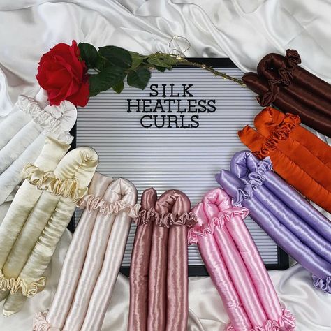 Silk Heatless Curls on Instagram: “Lots of new colours in stock! Every @silkheatlesscurls kit is hand sewn from scratch by me #silkcurl #silkheatlesscurls #heatlesscurls…” Silk Heatless Curls, Heatless Curls Silk Rod, How To Make Satin Scrunchies, Benefits Of Satin Scrunchies, Satin Heatless Curling Set, Silk Benefits, How To Make Scrunchies, Silk Pillowcase Hair, Business Nails