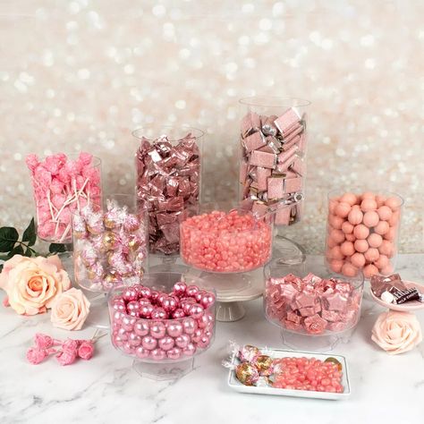 Rose Gold Deluxe Candy Buffet - JustCandy.com Candy Coated Popcorn, Gold Candy Buffet, Coated Popcorn, Pink Candy Buffet, Online Candy Store, Treat Table, Candy Bar Party, Kisses Candy, Gold Candy