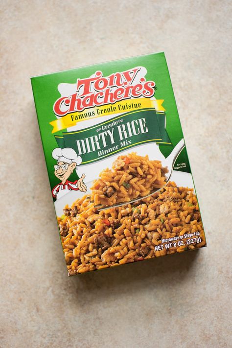 a box of Tony Chachere's dirty rice dinner mix Creole Rice Recipes, Dirty Rice Dressing Recipe, Rice Dressing Recipe, Dirty Rice Recipe Easy, Creole Rice, Cajun Rice, Dirty Rice Recipe, Rice Dressing, Rice Stuffing