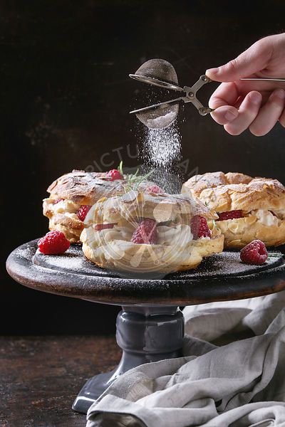 Choux cake Paris Brest with raspberries Choux Cake, Dark Texture Background, Cake Paris, Pantry Food, Cooking Cream, Food Stock, Paris Brest, Raspberry Almond, Choux Pastry