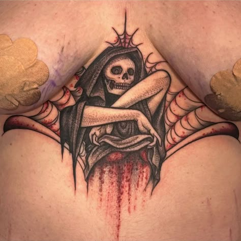 Goth Tattoos For Women Leg, Goth Stomach Tattoos For Women, Unique Gothic Tattoos, Spooky Feminine Tattoos, Gothic Tattoo Ideas For Women, Sternum And Stomach Tattoo, Gothic Sternum Tattoo Women, Gothic Thigh Tattoos Women, Spooky Chest Tattoo