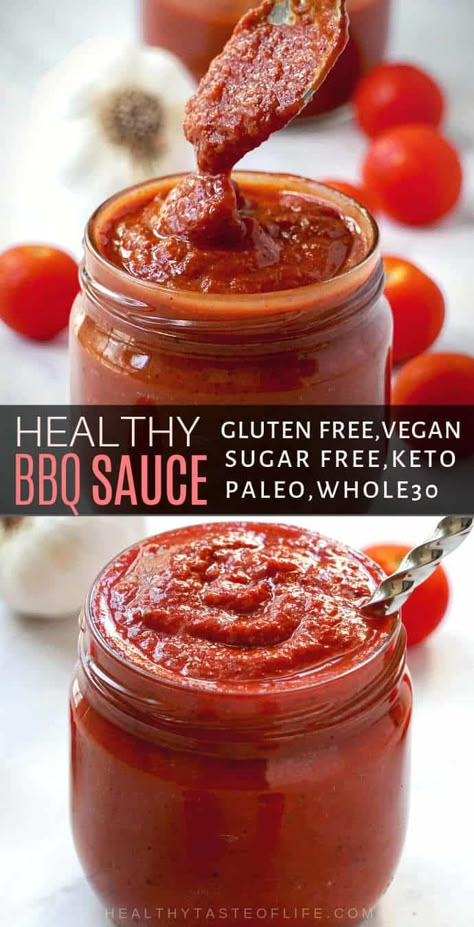 Whole30 BBQ Sauce (Vegan, Gluten Free, Keto, Sugar Free) | Healthy Taste Of Life Homemade Bbq Sauce Healthy, Clean Bbq Sauce, Sugar Free Barbecue Sauce Recipe, Healthy Sauces Clean Eating, Clean Eating Sauces, Low Sugar Bbq Sauce Recipe, Healthy Barbecue Sauce, Healthy Bbq Sauce Recipe, Sugar Free Bbq Sauce Recipe