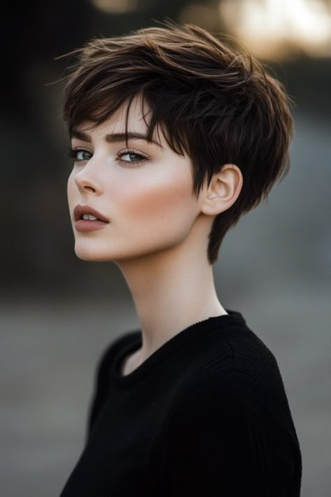 Feminine Short Hair Straight, Wispy Pixie Cut, Pixie Cut Women, Pixie Cut For Round Face, Dark Pixie Cut, Pixie With Bangs, Feminine Short Hair, Pixie Bangs, Fine Hair Pixie