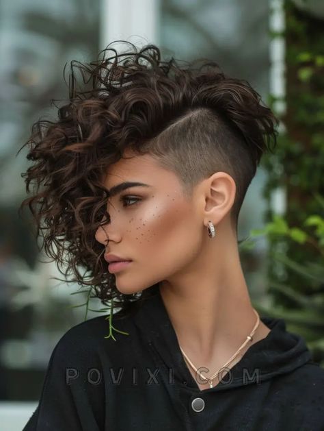 Curly Pompadour Women Short Hair, Short Curly Hair With Undercut, Curly Hairstyles Undercut, Very Short Curly Hair, Unique Undercut, Long Undercut, Curly Bob Haircuts, Undercut Curly Hair, Undercut Bob Haircut