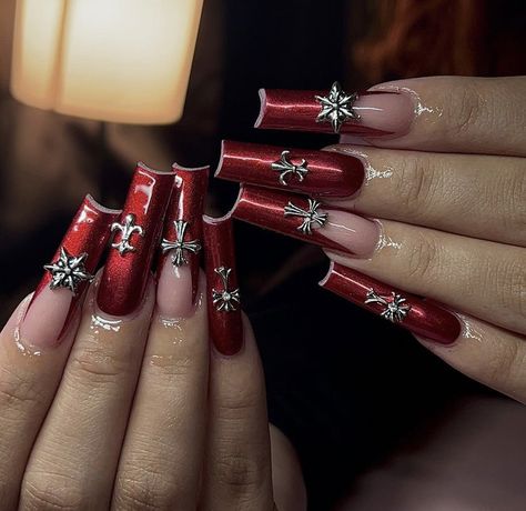 Red Crome Nails Acrylic, Red Nails With Charms, Red Chrome Nails, Long Red Nails, Red Chrome, Red Acrylic Nails, Really Cute Nails, Vacation Nails, Bling Acrylic Nails