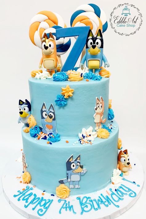 Bluey Treats, Bluey Birthday Party Cake, Fiesta Bluey, Baby Boy Birthday Themes, Sprinkles Birthday Party, Cake Designs For Kids, 2nd Birthday Party For Boys, 5th Birthday Cake, Flat Cakes