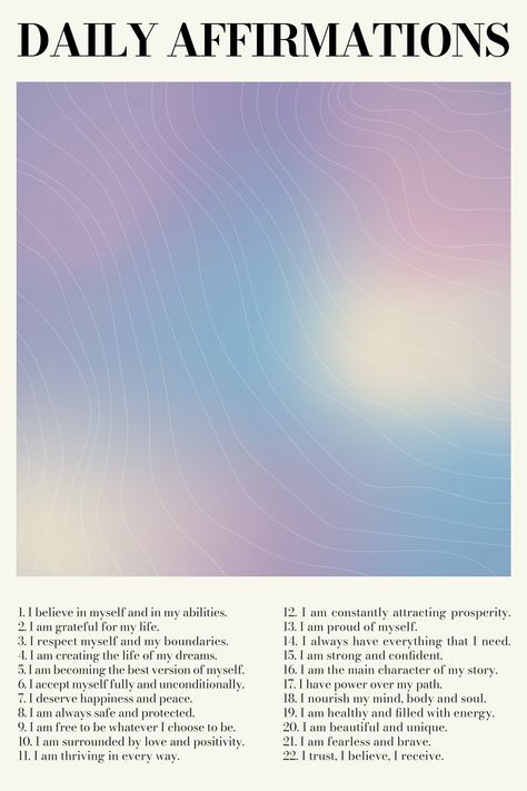 𝐏𝐑𝐈𝐍𝐓𝐀𝐁𝐋𝐄 𝐖𝐀𝐋𝐋 𝐀𝐑𝐓 | "Daily Affirmations" by Verbena Design Studio Healing Poster · Love Yourself · Retro Print · Affirmations Wall Art · Law of Attraction Wall Art · Gradient Wall Art · Trendy Decor · Digital Download · Printable Wall Art This print is just perfect for decorating your living room, bedroom, dorm room, office or any other space with a touch of positive energy, to inspire you to be the best version of yourself every single day<3 Daily Affirmations Printable, Manifestation Poster, Aesthetic Posters For Bedroom Printable, Bedroom Posters Printables, Daily Affirmations Wallpaper, Affirmation Posters Free Printable, Gradient Poster, Daily Affirmations Aesthetic, Affirmation Posters Aesthetic