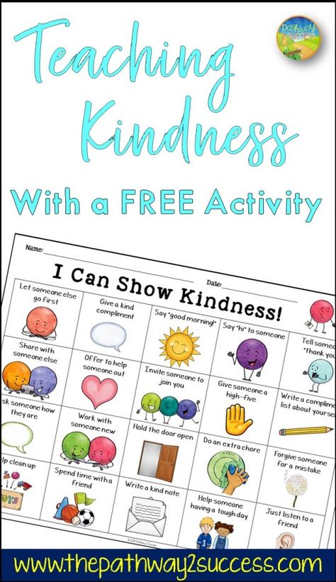 Teach kindness with a free printable learning activity for kids and young adults. As teachers and parents, we know that teaching about being kind can create a more positive learning environment for everyone! Complete a kindness challenge with a fun lesson to help encourage a caring and positive community for all. #kindness #pathway2success Kindness Worksheets, Kindness Lessons, Kindness Club, Activity Kindergarten, Kindness Week, Teaching Kindness, Kindness Projects, Kindness Challenge, Kindness Day