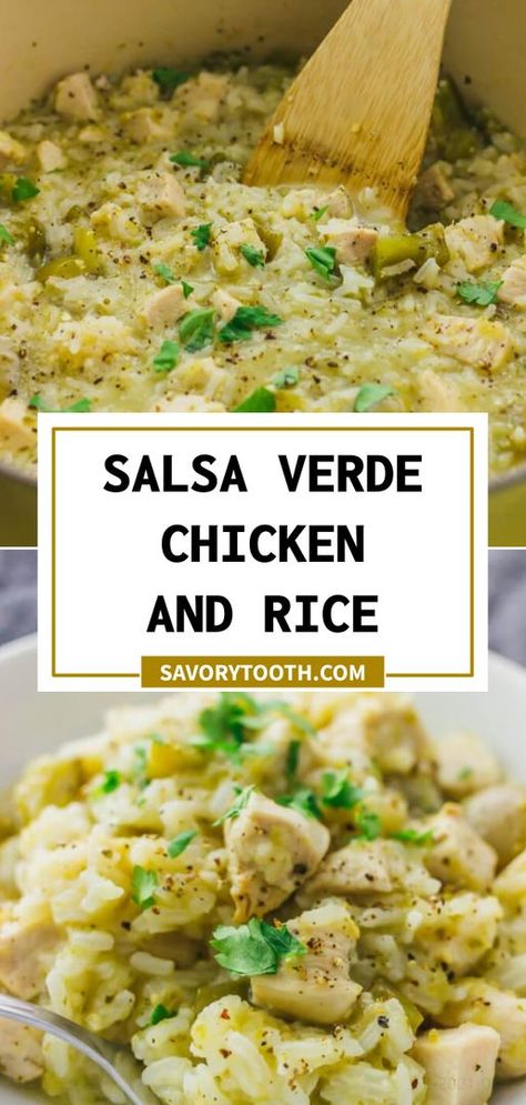 Try this quick and easy recipe for salsa verde chicken and rice — just 6 ingredients and 1 pot needed to make this tasty dinner. Salsa Verde Rice, Salsa Verde Recipe Chicken, Salsa Verde Chicken And Rice, Recipe Using Salsa, Recipe For Salsa, Salsa Verde Chicken Crockpot, Baked Whole Chicken Recipes, Easy Salsa Verde, Salsa Verde Chicken Recipe