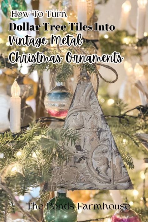 Dollar Tree Wall Tiles, Dollar Tree Tiles, Tin Tile Crafts, Christmas Farmhouse Crafts, Tree Tiles, Metal Christmas Ornaments, Dollar Tree Christmas Crafts, Christmas Orniments, Glitter Ornaments Diy