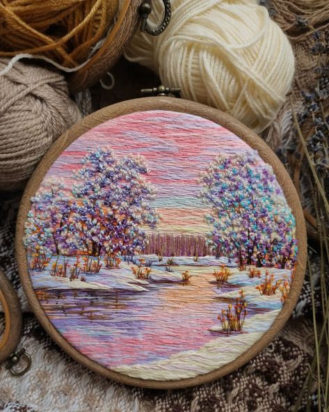 Winter Landscape Embroidery, Aurora Borealis Embroidery, Stained Glass Embroidery, Waterfall Embroidery, Scenery Embroidery, 2023 Embroidery, Embroidery Landscape, Landscape Embroidery, Winter Embroidery