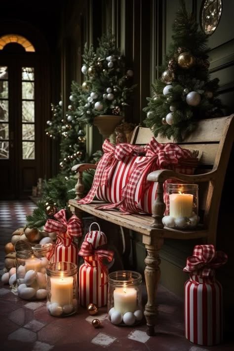 Celebration Food, Porch Bench, Pretty Christmas Decorations, Outside Christmas Decorations, Christmas Front Porch, Christmas Interiors, Christmas Themes Decorations, Christmas Porch Decor, Christmas Nativity Scene