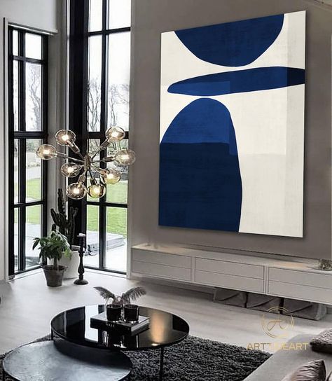 Navy Blue Geometric Painting Minimalist Painting on Canvas, Pure Blue and White Painting Livingroom Bedroom Extra Large Wall Art Framed - Etsy Israel Minimalist Bedroom Painting, White And Navy Office, Navy Blue Studio Apartment, Blue And White Painting, Navy Blue Painting, Abstract Blue Painting, Wall Painting Ideas Creative, Modern Eclectic Living Room, Blue Artwork Abstract